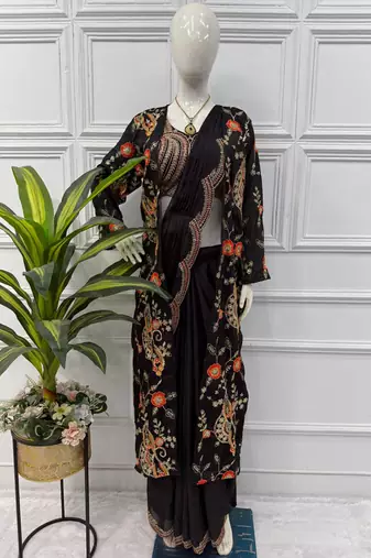 Black Color Chinnon Silk blend Ready To Wear Saree With Koti 