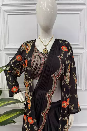black chinnon silk blend pre-stitched saree with koti