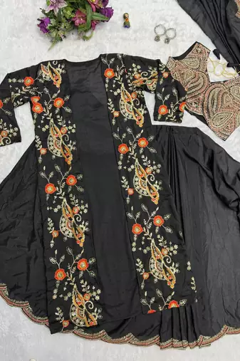 black chinnon silk blend pre-stitched saree with koti