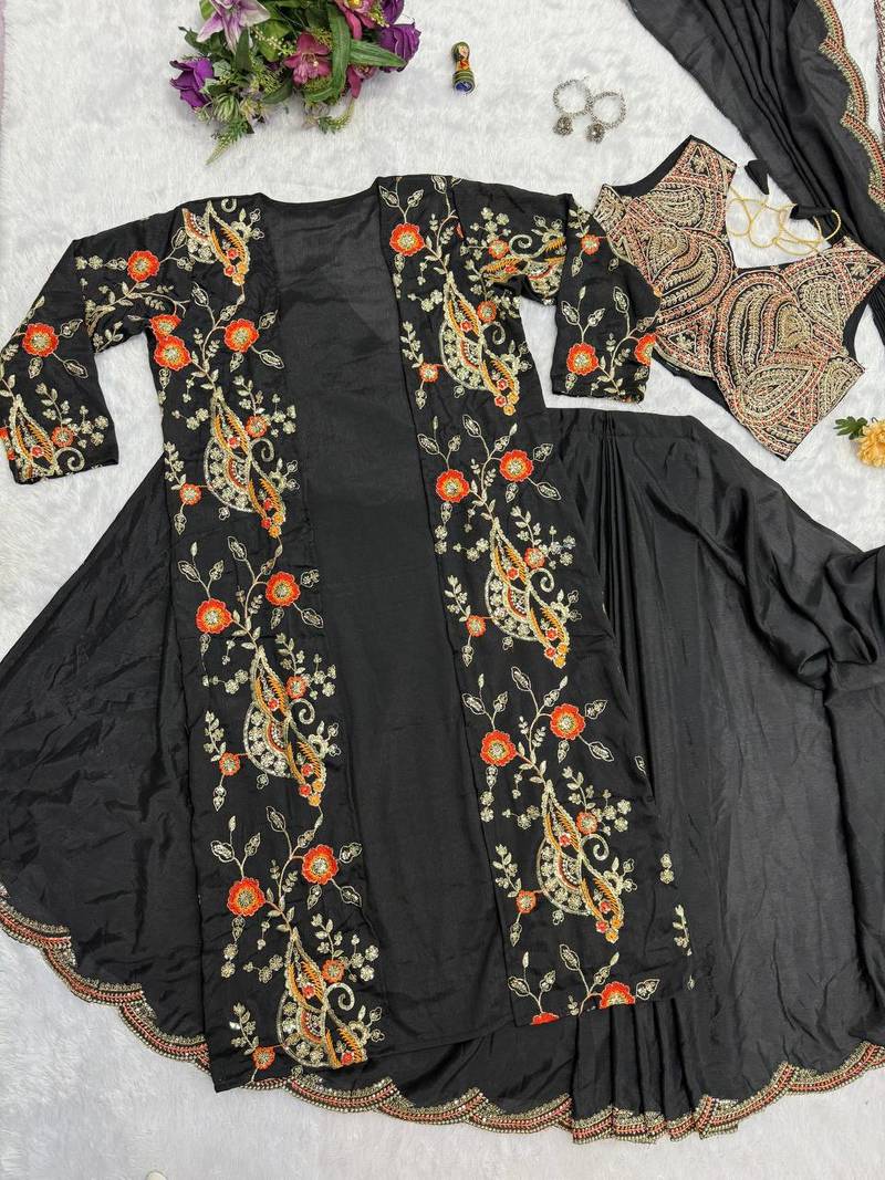 Black Color Chinnon Silk blend Ready To Wear Saree With Koti 