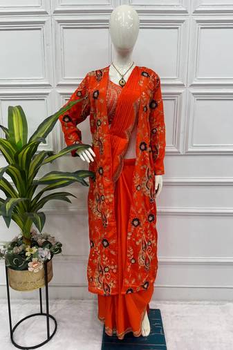 Orange Color Chinnon Silk Ready To Wear Saree With Koti 