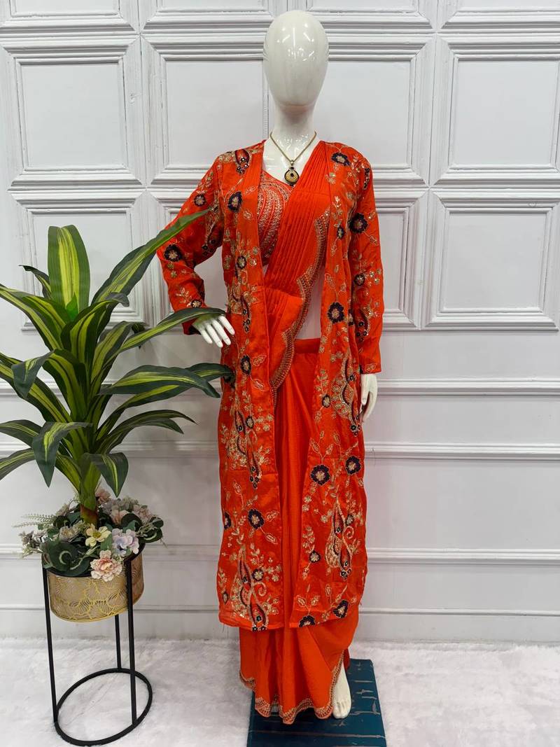 Orange Color Chinnon Silk Ready To Wear Saree With Koti 