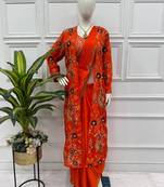 Orange Color Chinnon Silk Ready To Wear Saree With Koti 