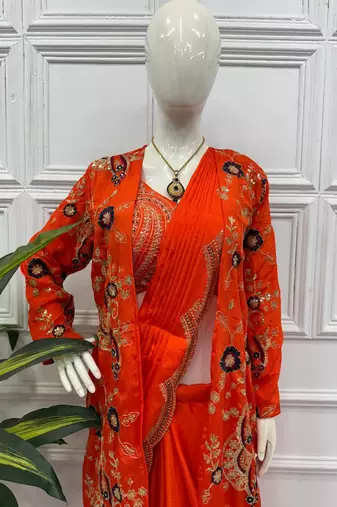 orange chinnon silk ready to wear saree with koti