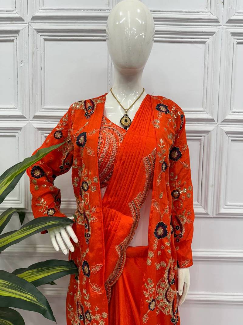 Orange Color Chinnon Silk Ready To Wear Saree With Koti 