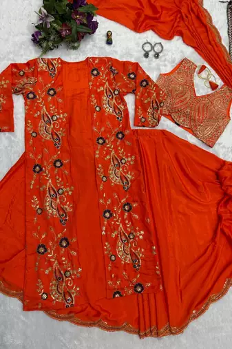 orange chinnon silk ready to wear saree with koti