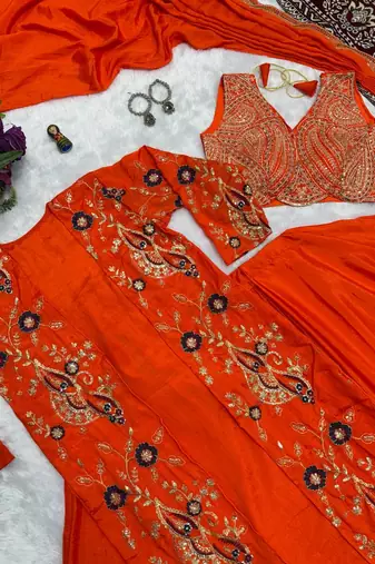 orange chinnon silk ready to wear saree with koti