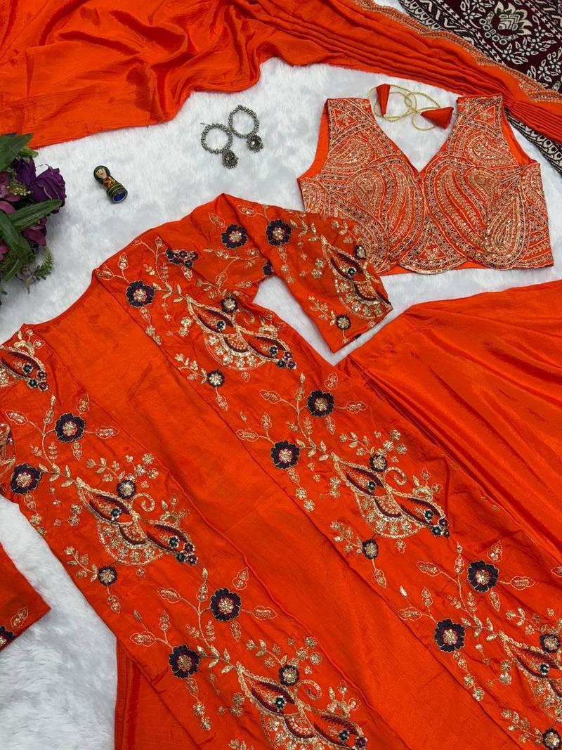 Orange Color Chinnon Silk Ready To Wear Saree With Koti 