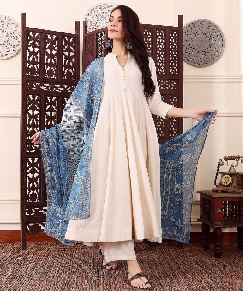 Women's Beautiful Solid Chanderi Silk Fabric Flared Anarkali Pant and Dupatta Set