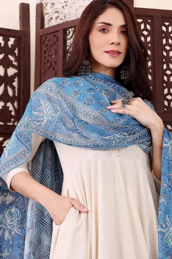 Women's Beautiful Solid Chanderi Silk Fabric Flared Anarkali Pant and Dupatta Set