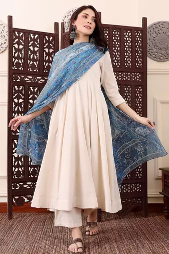 Women's Beautiful Solid Chanderi Silk Fabric Flared Anarkali Pant and Dupatta Set