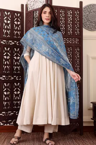 Women's Beautiful Solid Chanderi Silk Fabric Flared Anarkali Pant and Dupatta Set