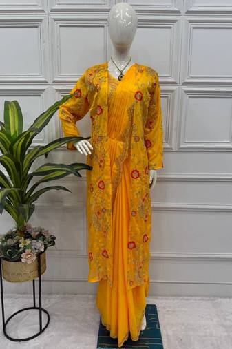 Yellow Color Chinnon Silk Ready To Wear Saree With Koti 