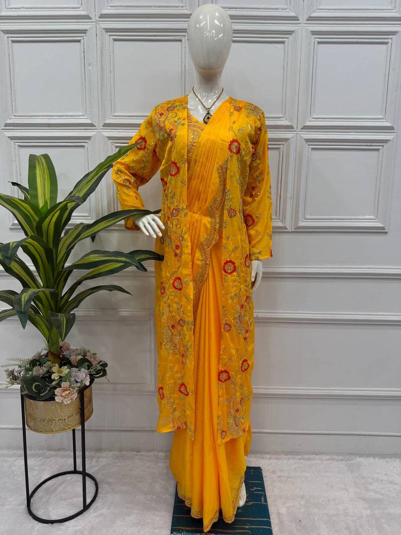 Yellow Color Chinnon Silk Ready To Wear Saree With Koti 