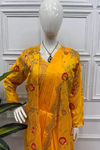 yellow chinnon silk ready made saree with koti