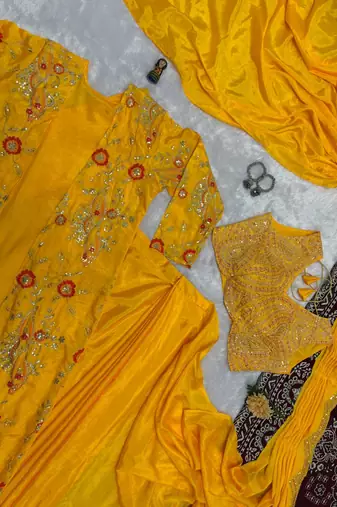 yellow chinnon silk ready made saree with koti