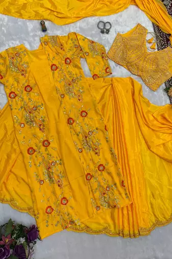 yellow chinnon silk ready made saree with koti