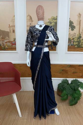 Dark Blue Color Premium Rangoli Silk party Wear Ready To Wear Saree