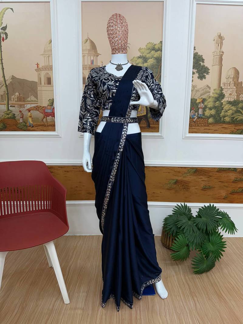 Dark Blue Color Premium Rangoli Silk party Wear Ready To Wear Saree