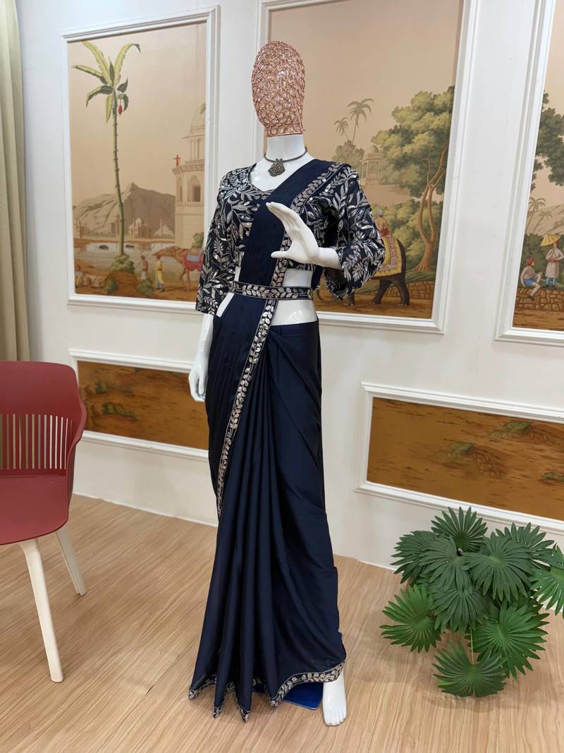 Dark Blue Color Premium Rangoli Silk party Wear Ready To Wear Saree