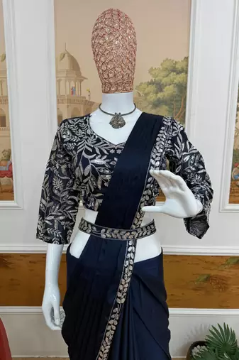 dark blue premium rangoli silk party wear pre draped saree