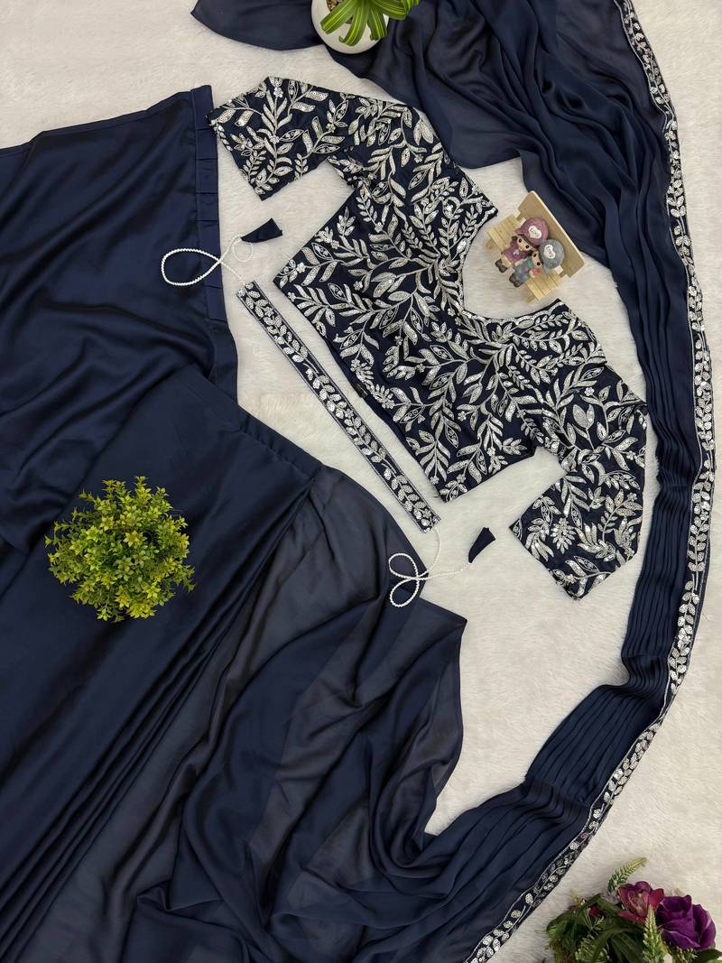 Dark Blue Color Premium Rangoli Silk party Wear Ready To Wear Saree