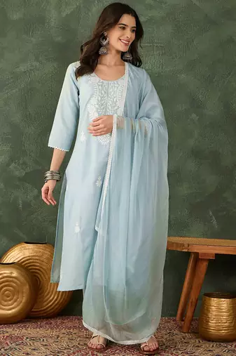 Women's Beautiful Thread Work Cotton Blend Fabric Straight Kurta Pant and Dupatta Set