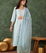 Women's Beautiful Thread Work Cotton Blend Fabric Straight Kurta Pant and Dupatta Set