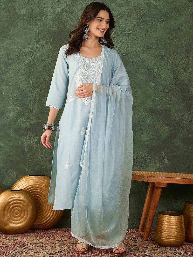 Women's Beautiful Thread Work Cotton Blend Fabric Straight Kurta Pant and Dupatta Set