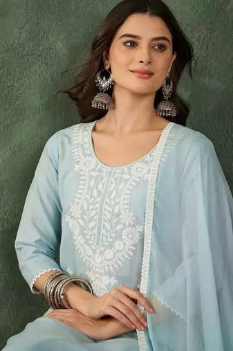 Women's Beautiful Thread Work Cotton Blend Fabric Straight Kurta Pant and Dupatta Set