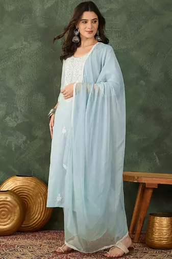 Women's Beautiful Thread Work Cotton Blend Fabric Straight Kurta Pant and Dupatta Set