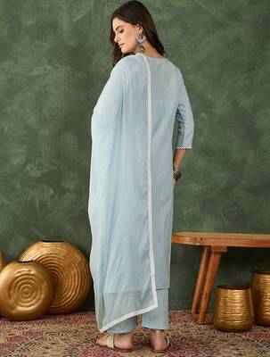 Women's Beautiful Thread Work Cotton Blend Fabric Straight Kurta Pant and Dupatta Set 4