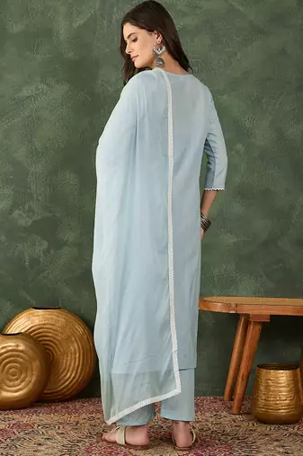 Women's Beautiful Thread Work Cotton Blend Fabric Straight Kurta Pant and Dupatta Set