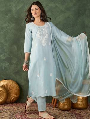 Women's Beautiful Thread Work Cotton Blend Fabric Straight Kurta Pant and Dupatta Set 5