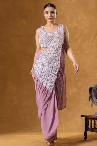 onion faux georgette embroidery work pre stitched saree