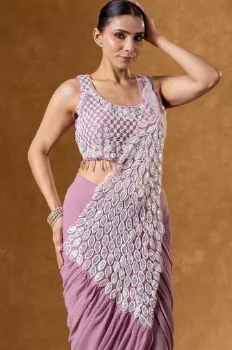 onion faux georgette embroidery work pre stitched saree