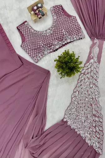 onion faux georgette embroidery work pre stitched saree