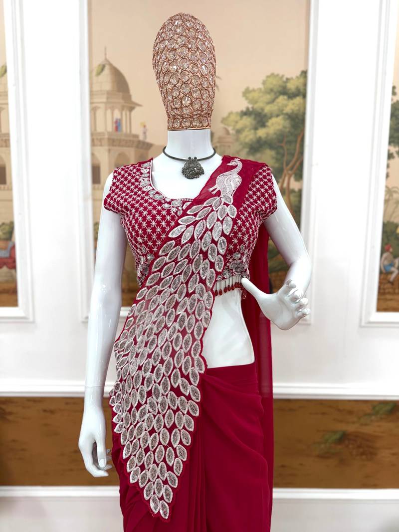 Rani Color Faux Georgette Embroidery Work Pre Stitched Saree