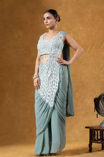 Teal Color Faux Georgette Embroidery Work Pre Stitched Saree
