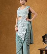 Teal Color Faux Georgette Embroidery Work Pre Stitched Saree