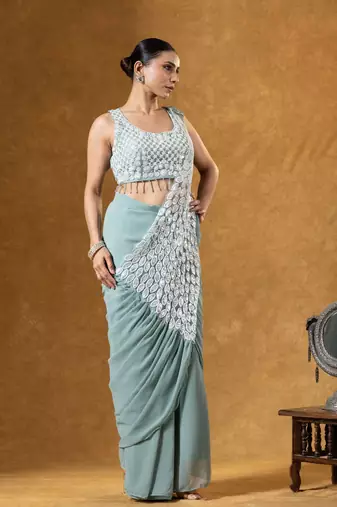 teal faux georgette embroidery work pre stitched saree
