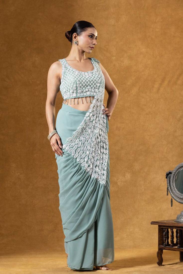 Teal Color Faux Georgette Embroidery Work Pre Stitched Saree