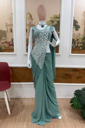 teal faux georgette embroidery work pre stitched saree