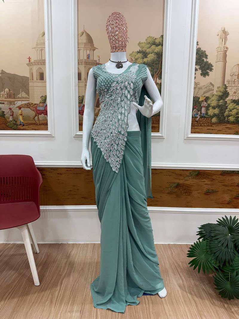 Teal Color Faux Georgette Embroidery Work Pre Stitched Saree