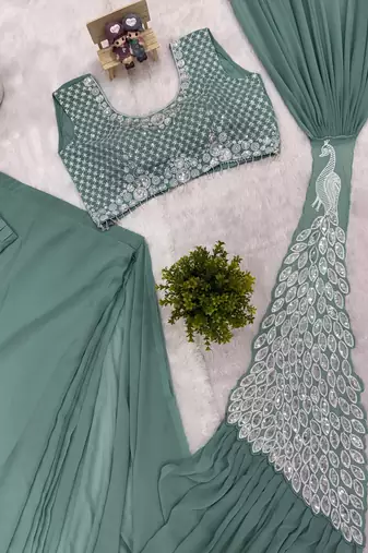 teal faux georgette embroidery work pre stitched saree