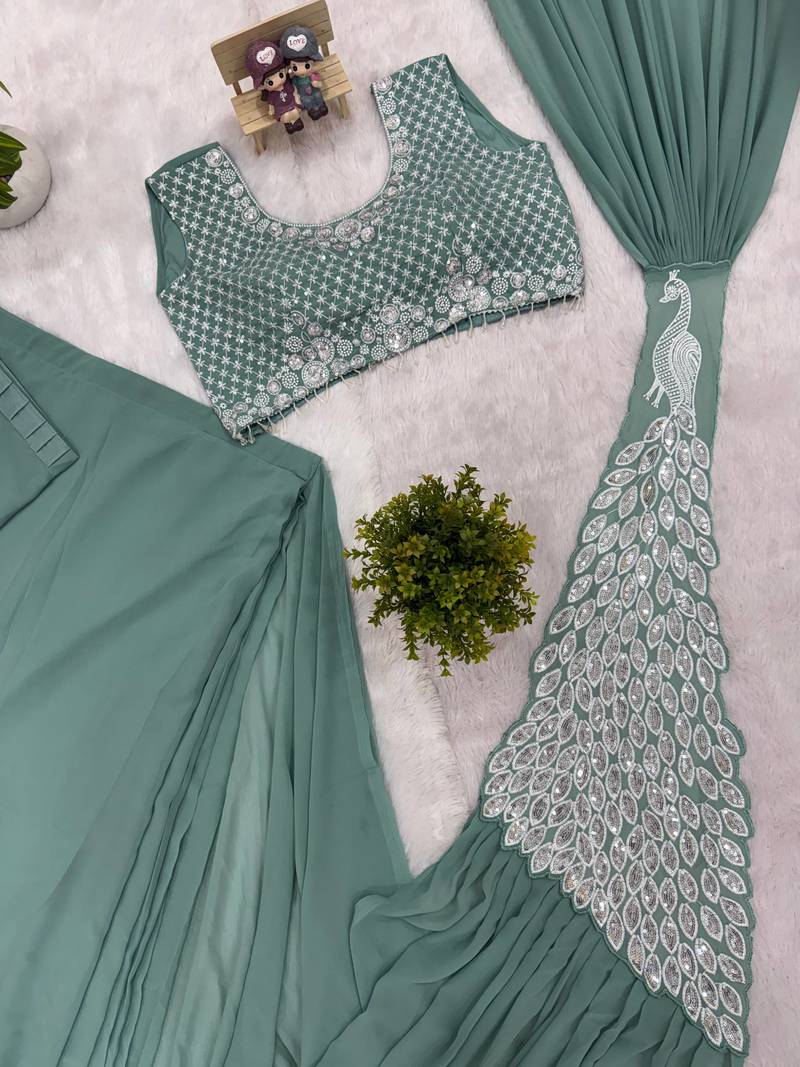 Teal Color Faux Georgette Embroidery Work Pre Stitched Saree