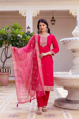 Women's Beautiful Embroidery Work Viscose Chanderi Fabric Straight Kurta Pant and Dupatta Set 1