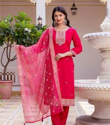 Women's Beautiful Embroidery Work Viscose Chanderi Fabric Straight Kurta Pant and Dupatta Set