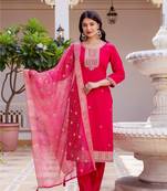Women's Beautiful Embroidery Work Viscose Chanderi Fabric Straight Kurta Pant and Dupatta Set