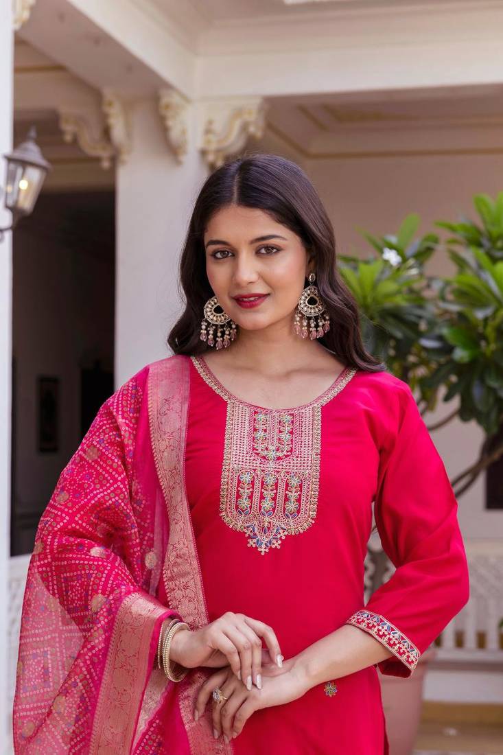 Women's Beautiful Embroidery Work Viscose Chanderi Fabric Straight Kurta Pant and Dupatta Set